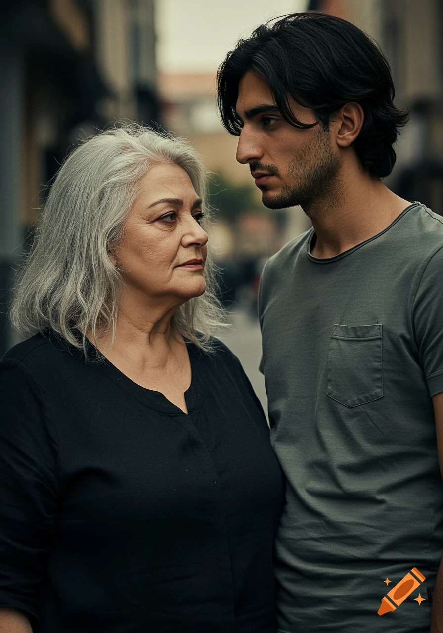 A grey-haired woman and a young dark-haired man look at each other with intense expressions in an urban setting.