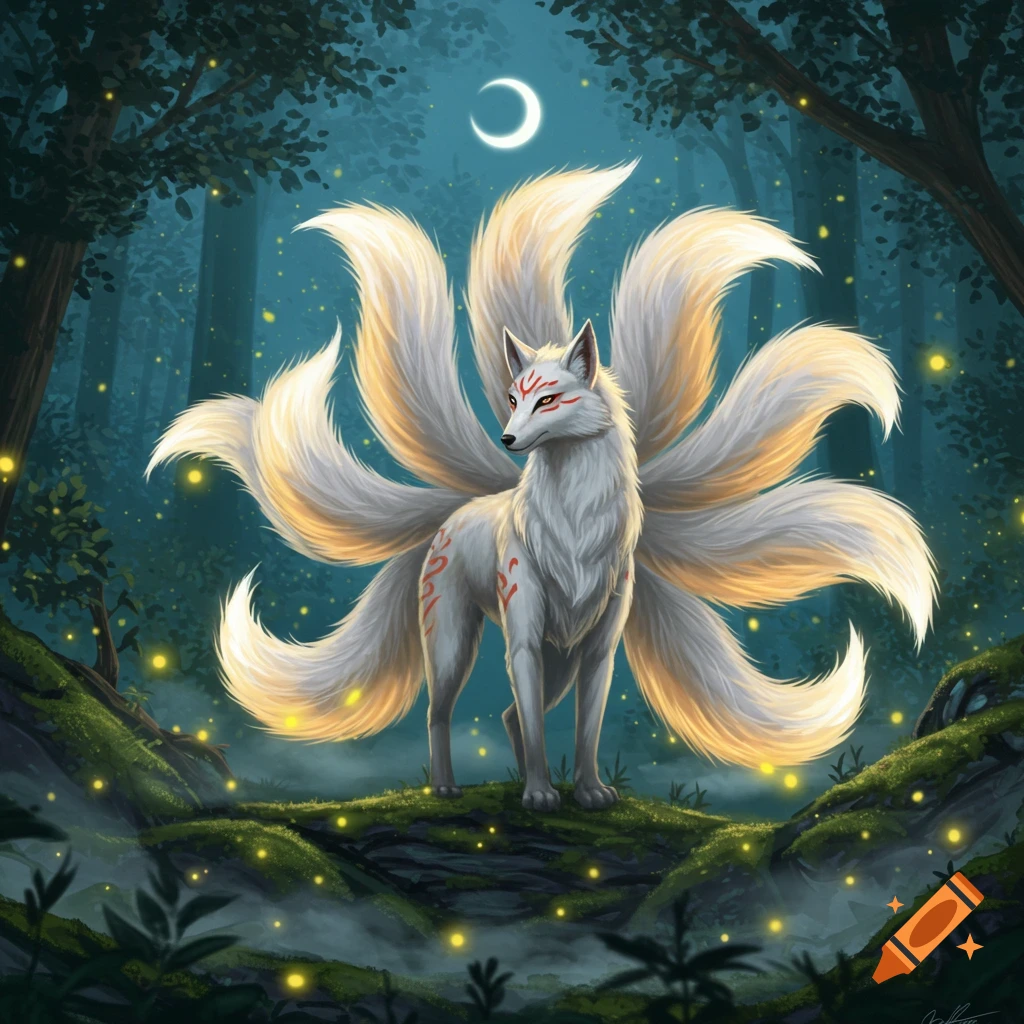 A white nine-tailed kitsune with red markings stands in a magical, glowing forest at night under a crescent moon.