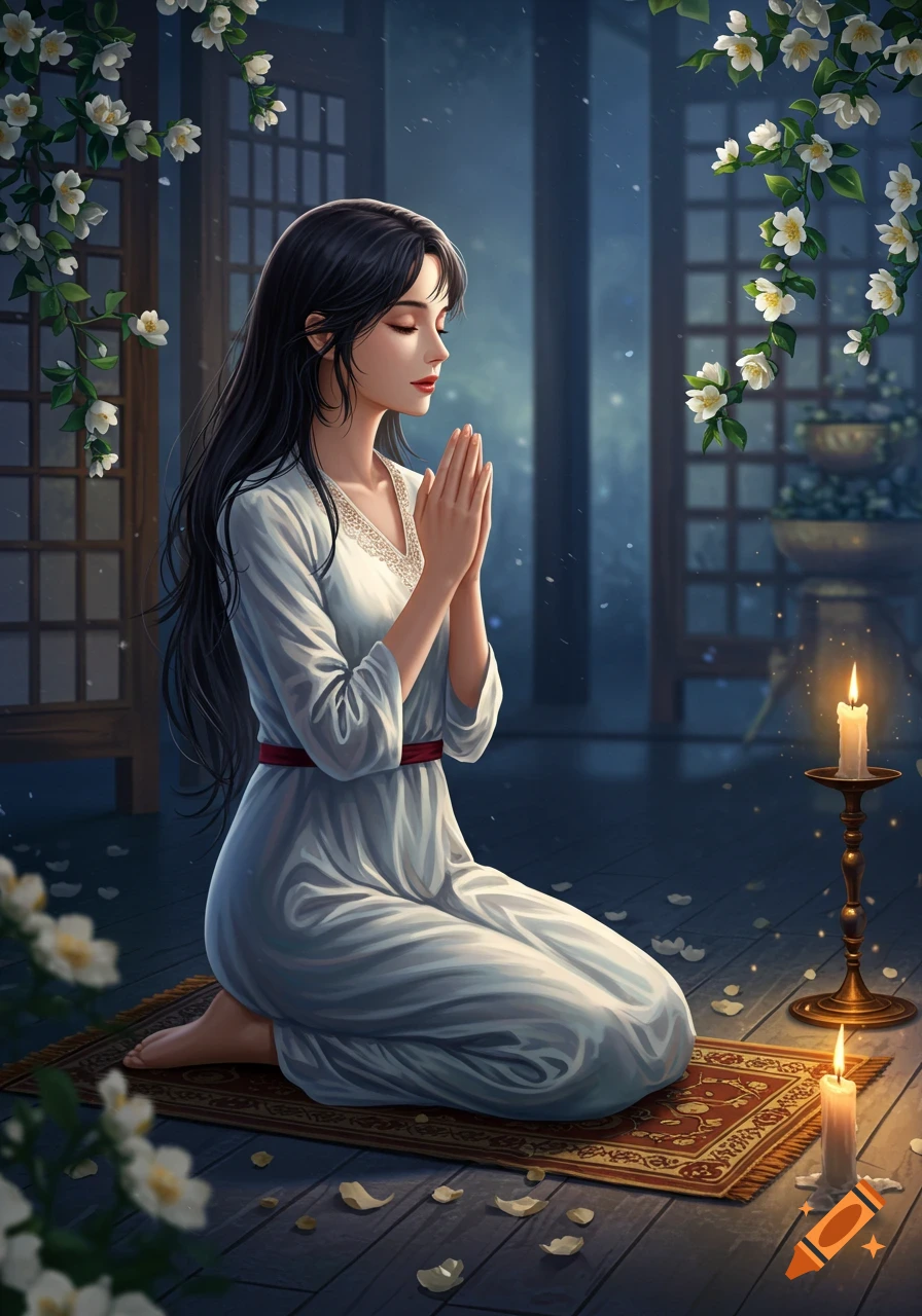 A young woman with long dark hair kneels in prayer in a dimly lit room, surrounded by jasmine flowers and candlelight, digital art style.