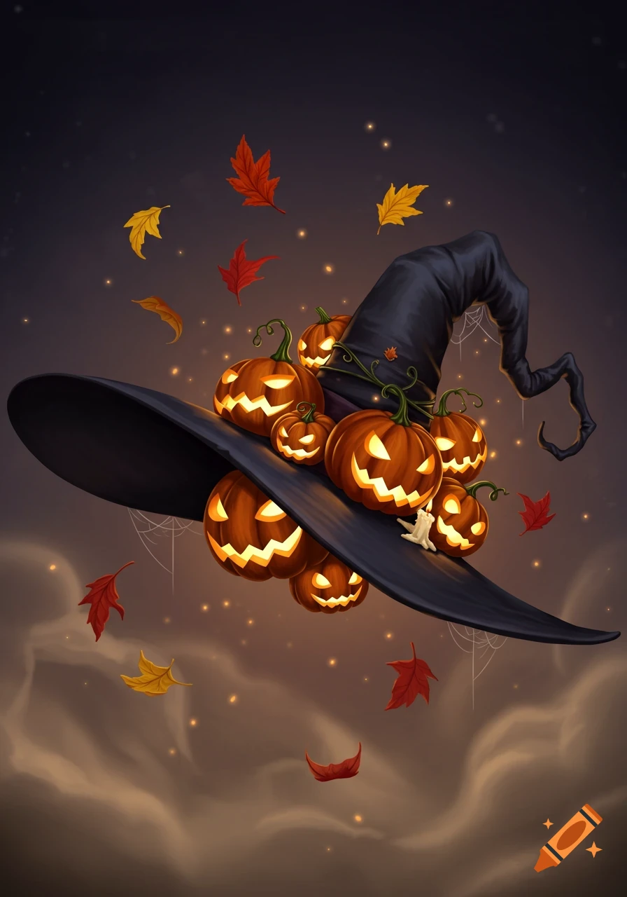 A detailed illustration of a black witch hat overflowing with glowing jack-o'-lanterns and surrounded by autumn leaves floating against a dark, cloudy sky.