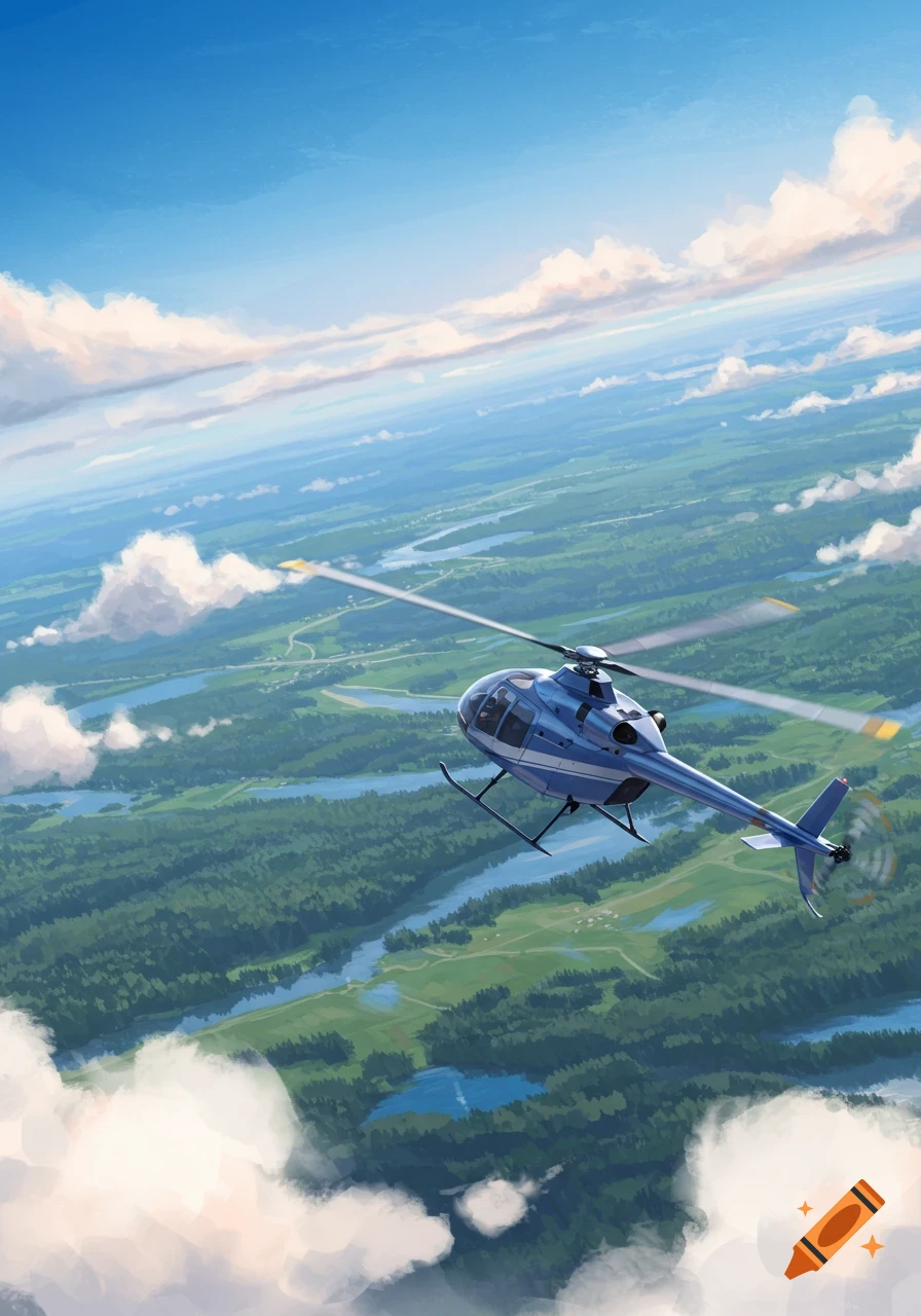 A blue helicopter flies over a green, forested landscape with rivers under a blue sky with clouds, in an illustrated style.