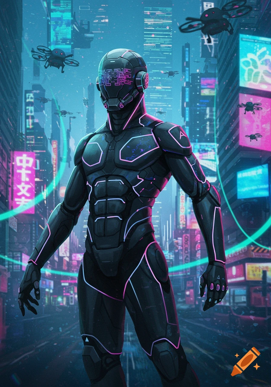 A futuristic cybernetic character with glowing pink lines on black armor stands in a neon-lit cyberpunk city with flying drones.