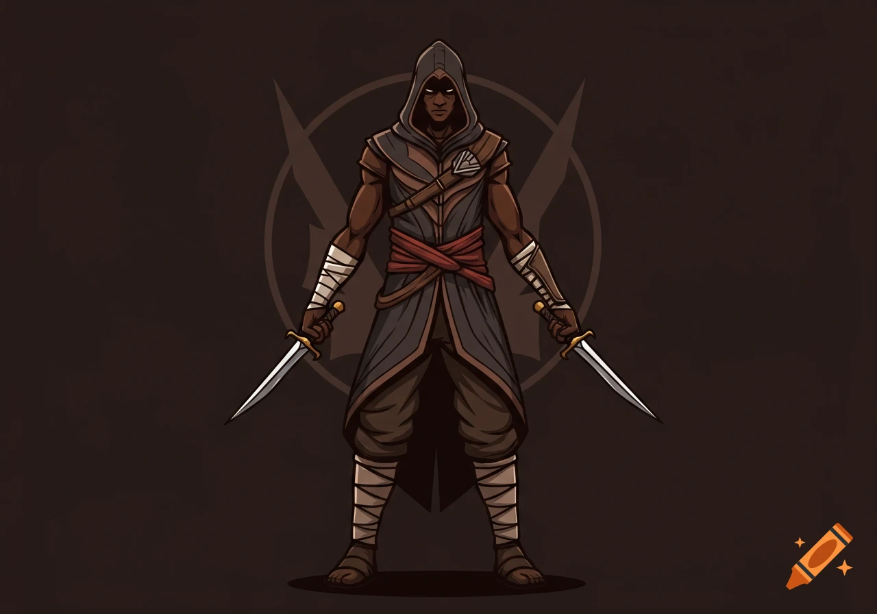 Stylized illustration of a dark-skinned assassin in a hooded cloak, holding two daggers, standing in front of a dark emblem.