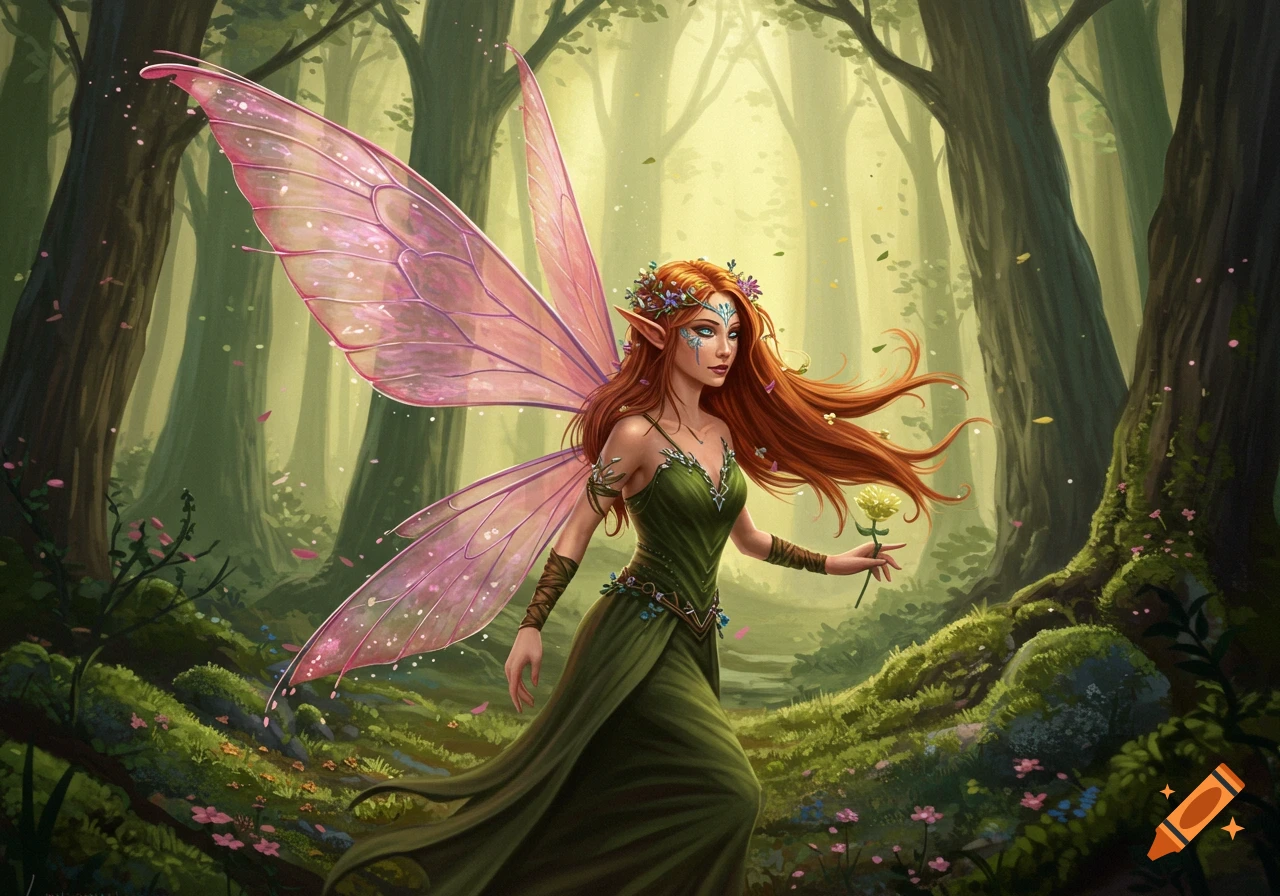 A red-haired fairy with large pink wings and blue face paint, wearing a green dress, stands in a magical forest holding a yellow flower.