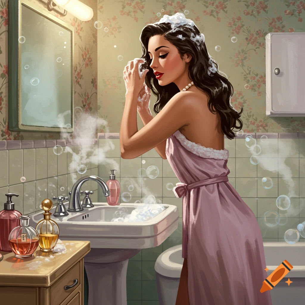 A retro-styled illustration of a woman in a pink robe washing her long dark hair in a bathroom sink, with bubbles floating around.