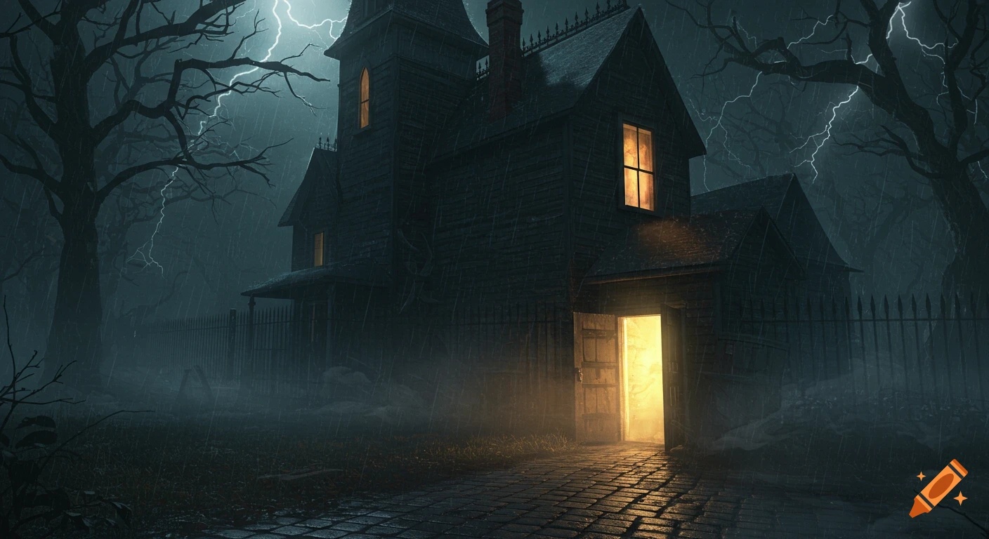 A dark, old Victorian house at night, with heavy rain, lightning, mist, and bare trees. A glowing open door reveals an eerie interior.