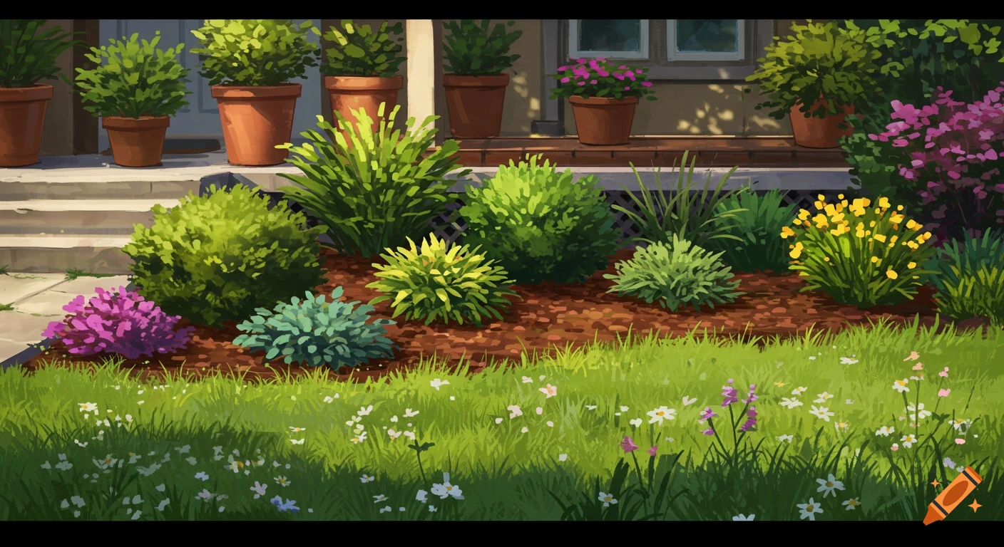 Painterly style garden with green bushes, colorful flowers, mulch, a lawn, and potted plants on a porch.