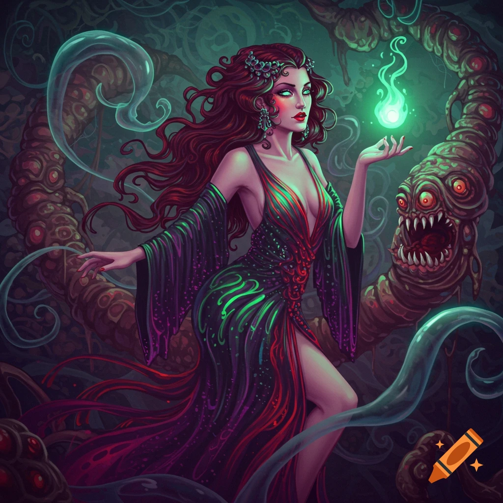 Vibrantly colored fantasy art of a woman in a flowing dress holding a green orb, surrounded by monstrous, worm-like creatures.