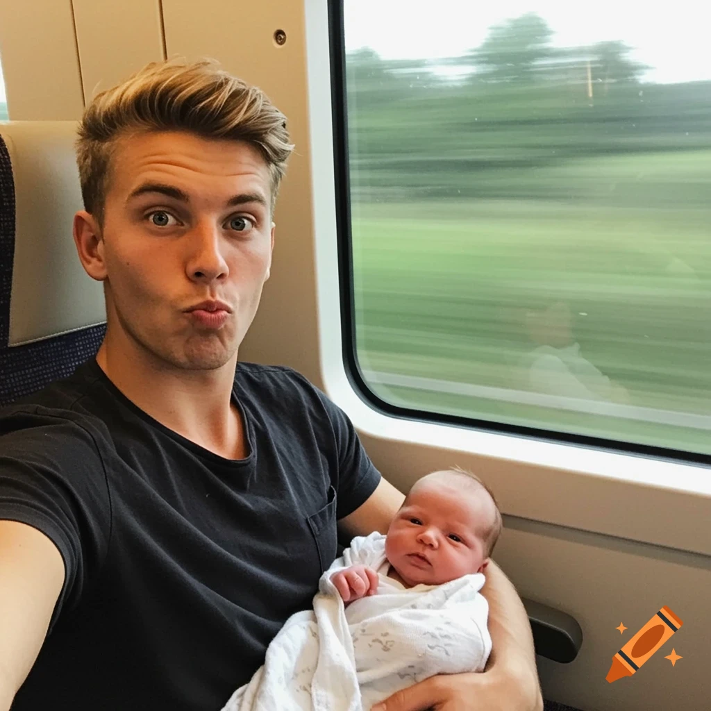 Man making a funny face while holding a swaddled newborn baby on a train with blurred green scenery outside.