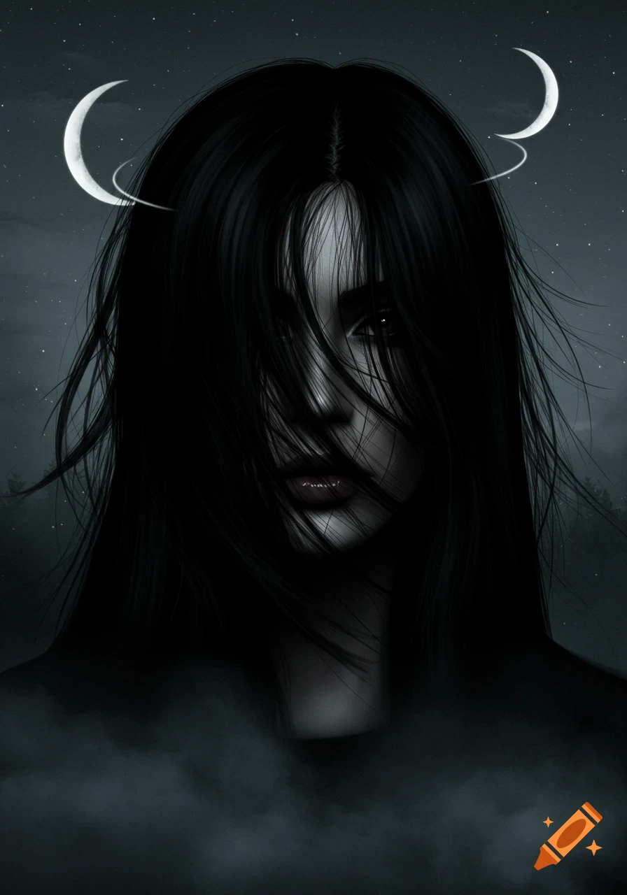 Mysterious woman with long black hair covering her face, with two crescent moons and stars in a dark sky.