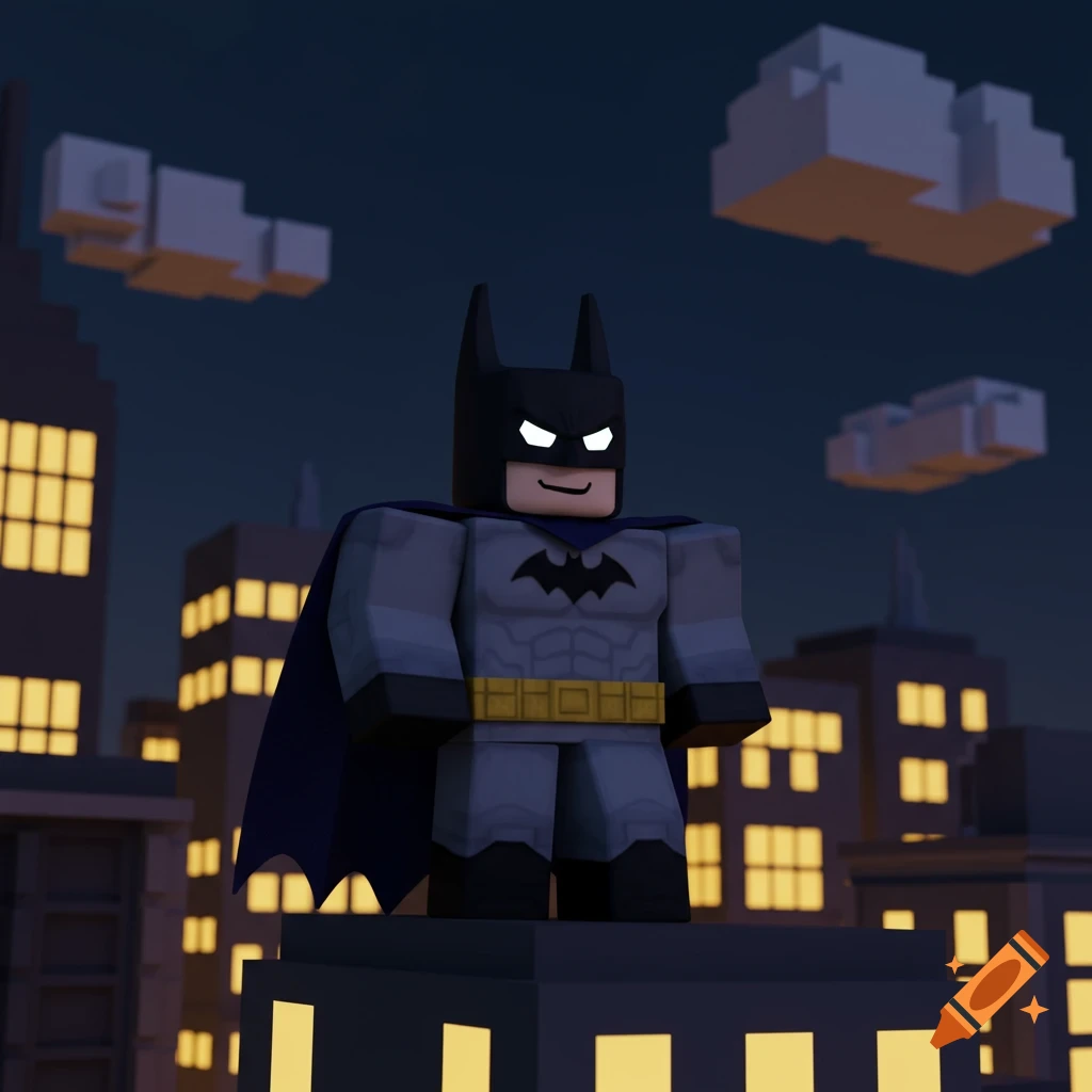A blocky Batman figure stands on a rooftop in a stylized city at night, in the Roblox style.