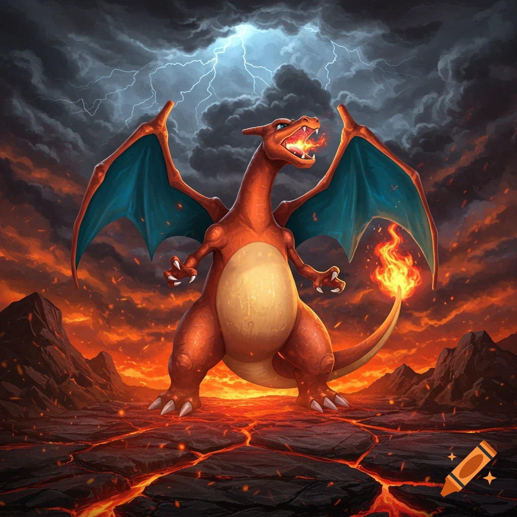 A powerful Charizard breathes fire on a cracked lava field under a stormy sky with lightning.
