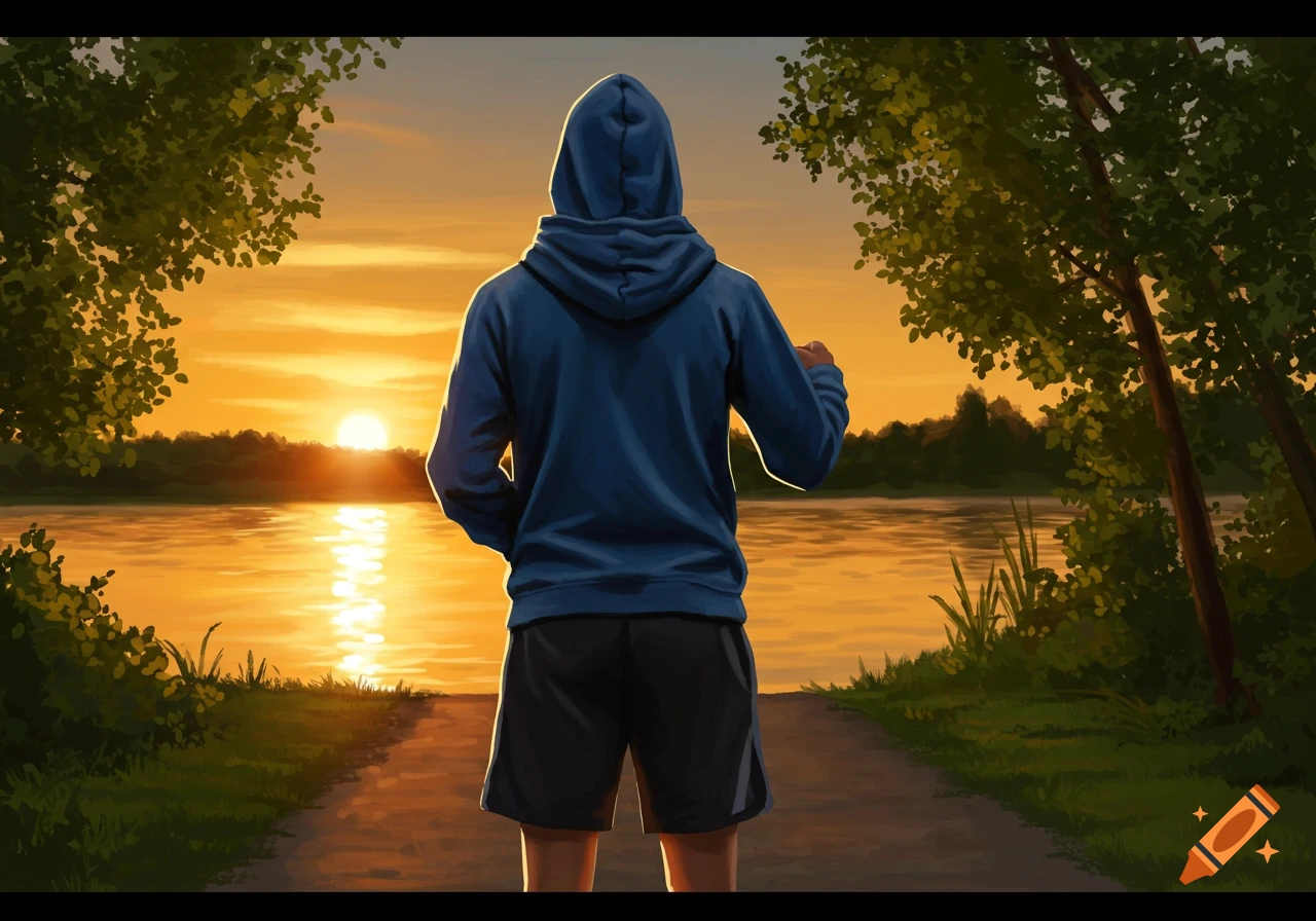 Person in blue hoodie and shorts facing a lake with a vibrant sunset over the horizon, digital illustration.