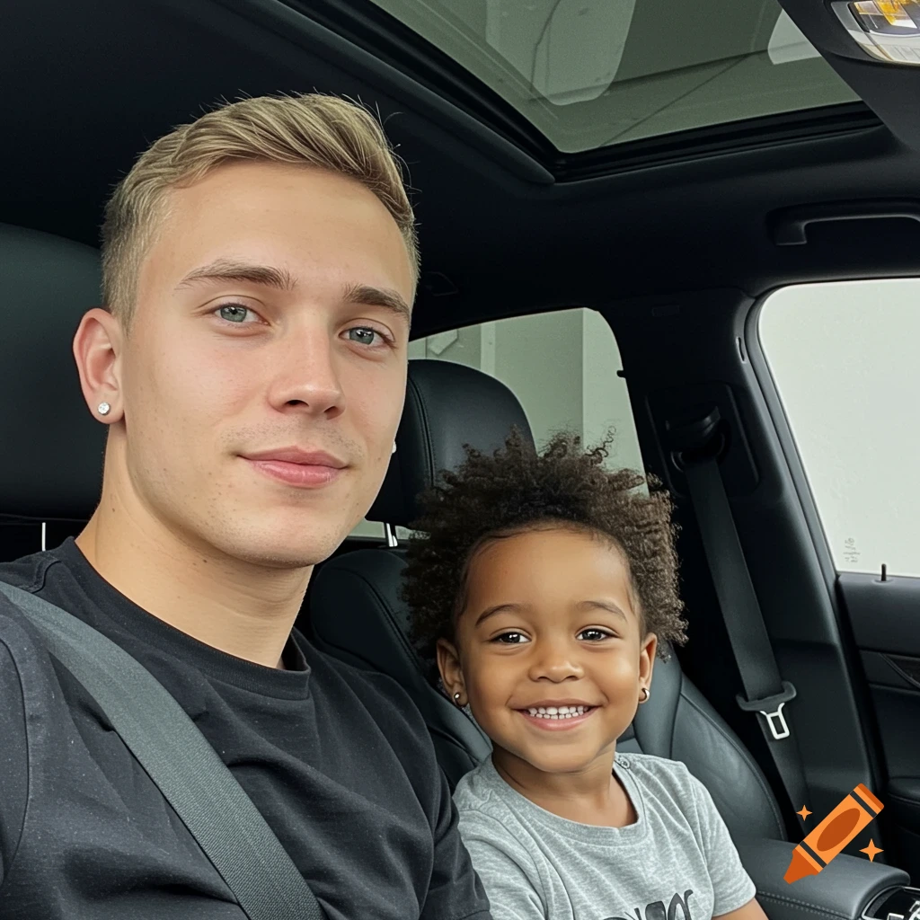 A man with blonde hair and a child with curly hair smile for a selfie in a car.