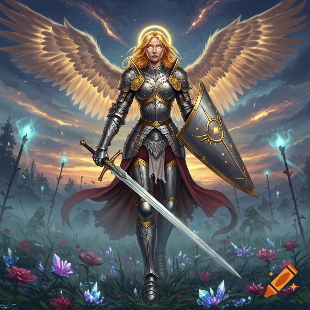 A blonde warrior angel in silver armor, with golden wings and a halo, holds a sword and shield in a magical field at sunset.