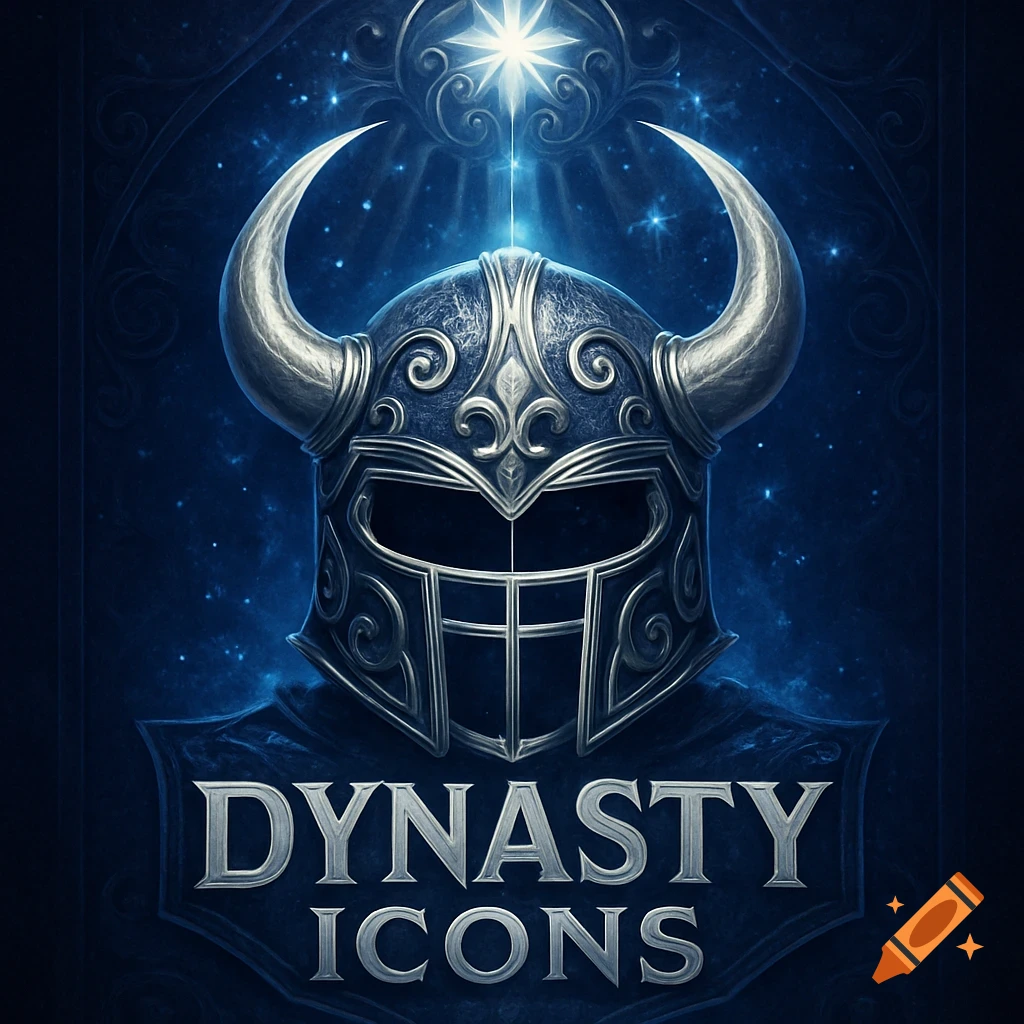 Ornate dark blue horned helmet in a fantasy style against a starry background, with the text 'DYNASTY ICONS' below.