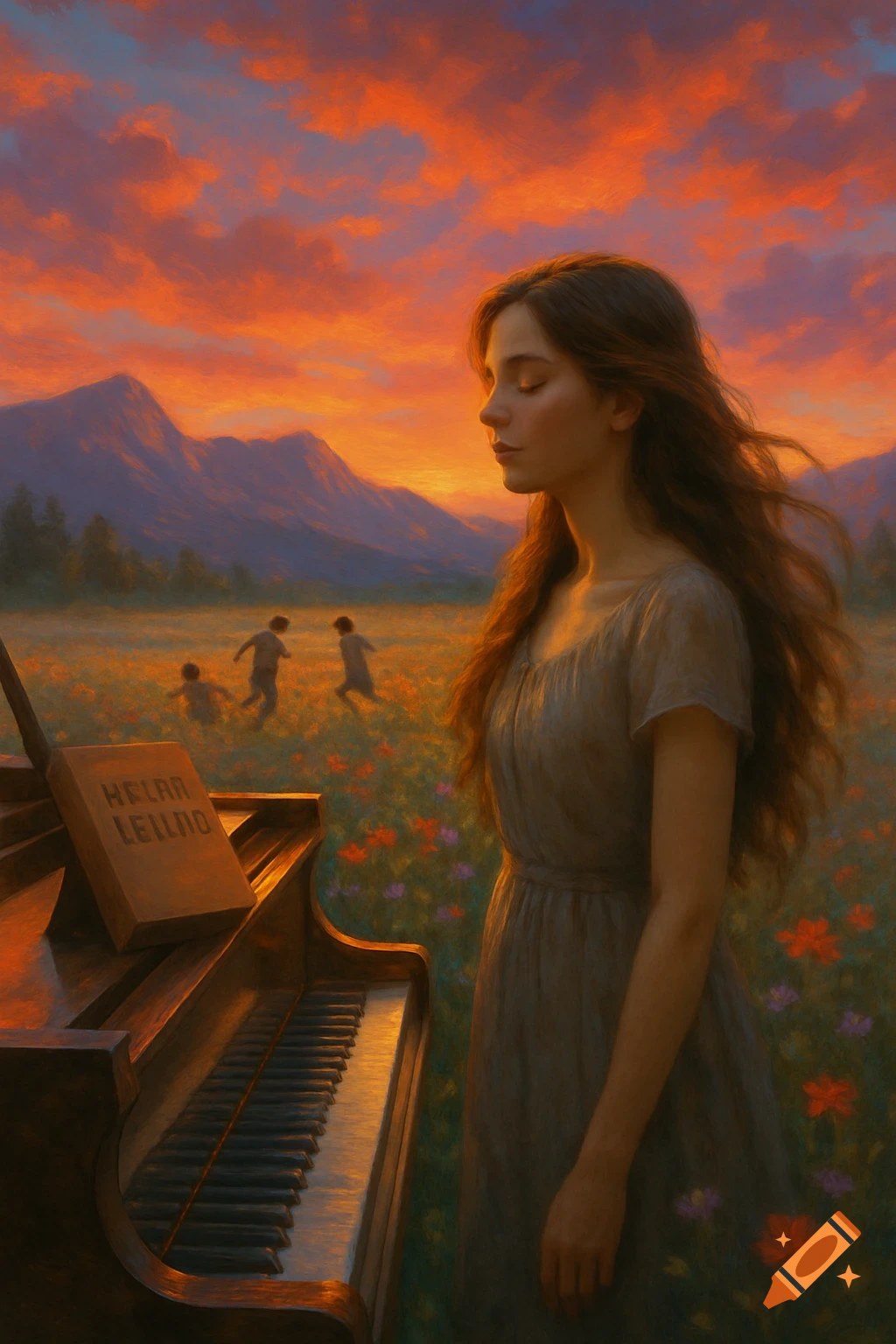 Painterly image of a woman with long hair next to a piano in a wildflower field at sunset, with mountains and children playing.
