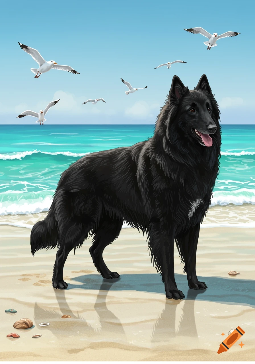 A black Groenendael dog stands on a sandy beach with turquoise ocean waves and seagulls flying in a clear blue sky.