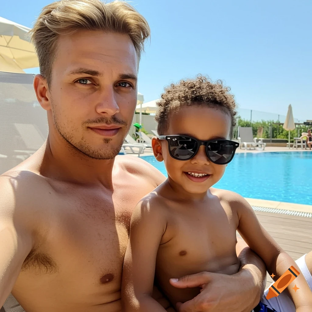 A smiling man and child pose for a selfie by a swimming pool on a sunny day.