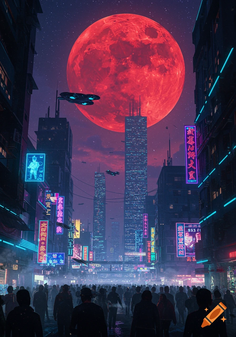A towering cyberpunk city street at night, illuminated by neon signs, with a massive red blood moon in the sky and flying vehicles. Crowds of people fill the street.