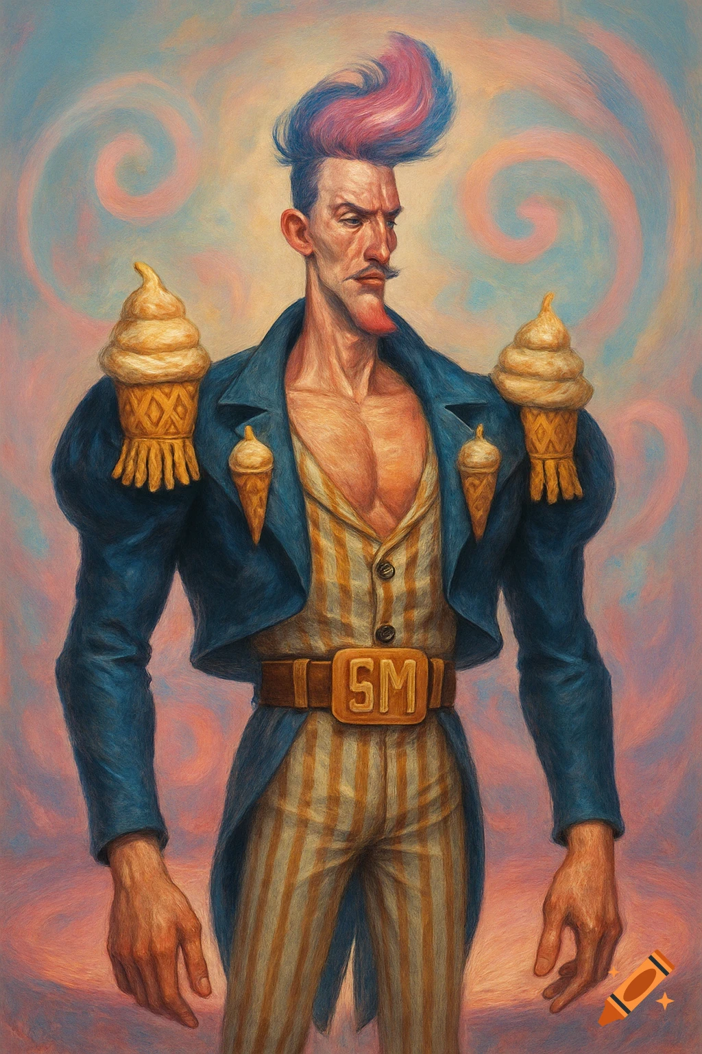 A man with pink and blue pompadour, long face, mustache, and an open blue jacket with ice cream cone pauldrons over a striped suit with an 'SM' buckle.