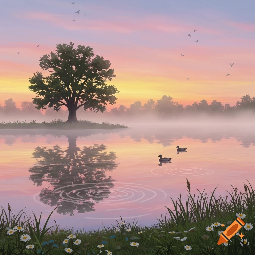 Serene landscape with a large tree on a misty island, ducks on a reflective lake under a pastel sunset sky with birds.