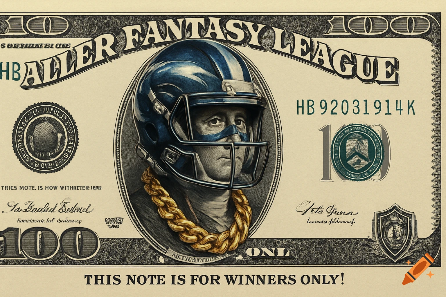 A stylized $100 bill featuring a person wearing a blue football helmet and a gaudy gold chain, with the text "BALLER FANTASY LEAGUE" and "THIS NOTE IS FOR WINNERS ONLY!".