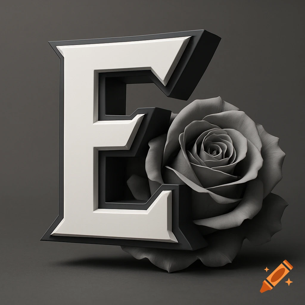 A 3D white and dark grey letter E intertwined with a grey rose on a dark background.