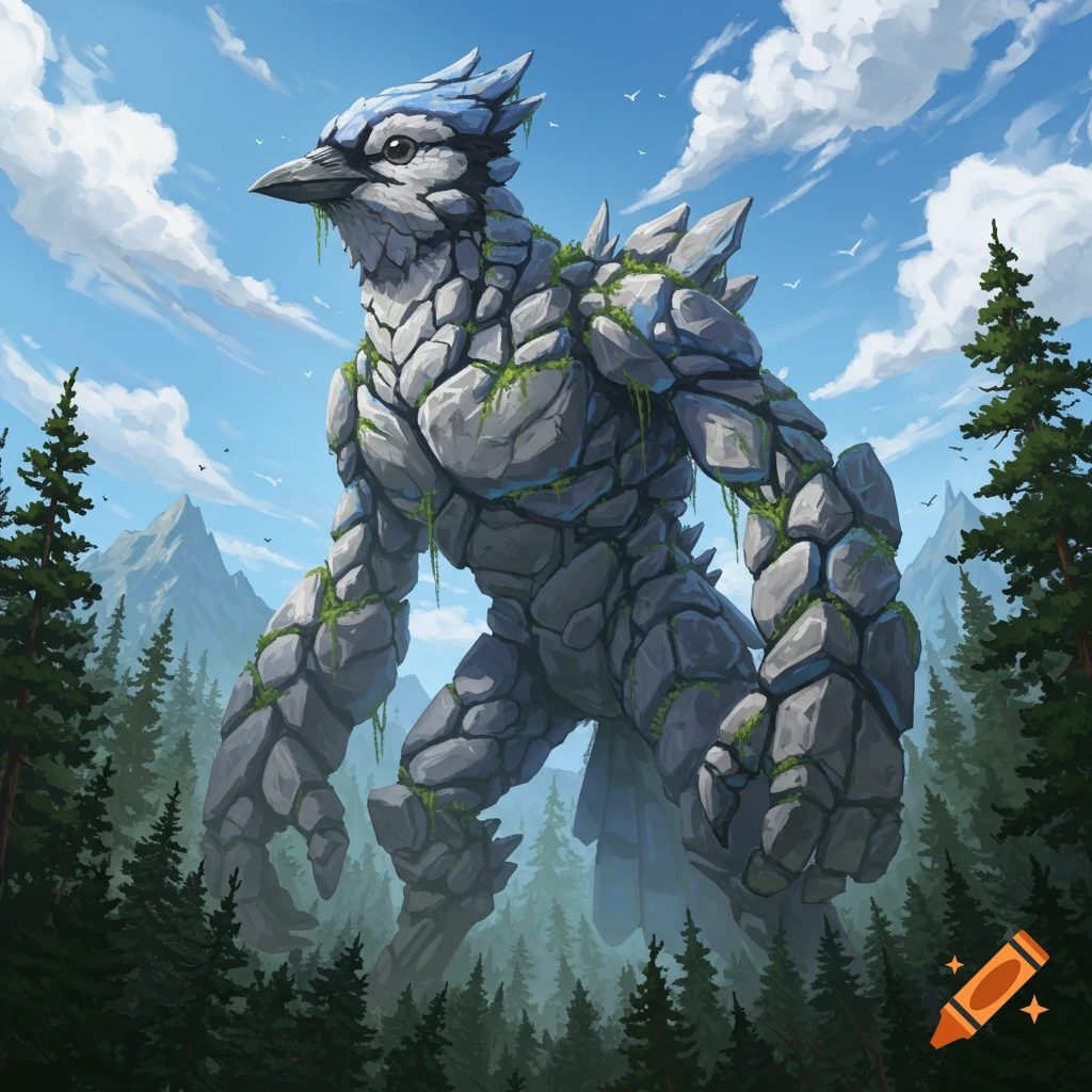 Giant rock monster in the shape of a blue jay, made of stones and moss, standing tall in a forest under a blue sky with mountains.