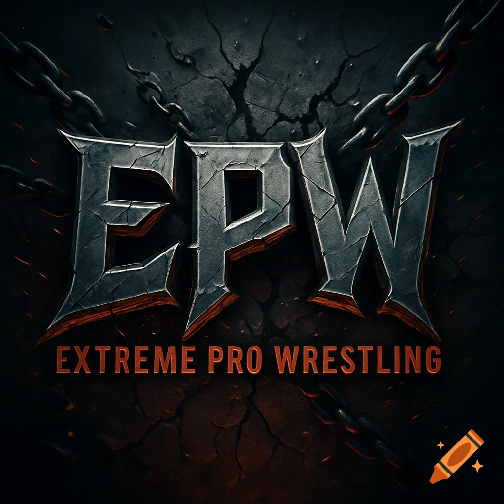 A dark, gritty logo for EPW Extreme Pro Wrestling featuring cracked earth texture, chains, and a red-orange glow.