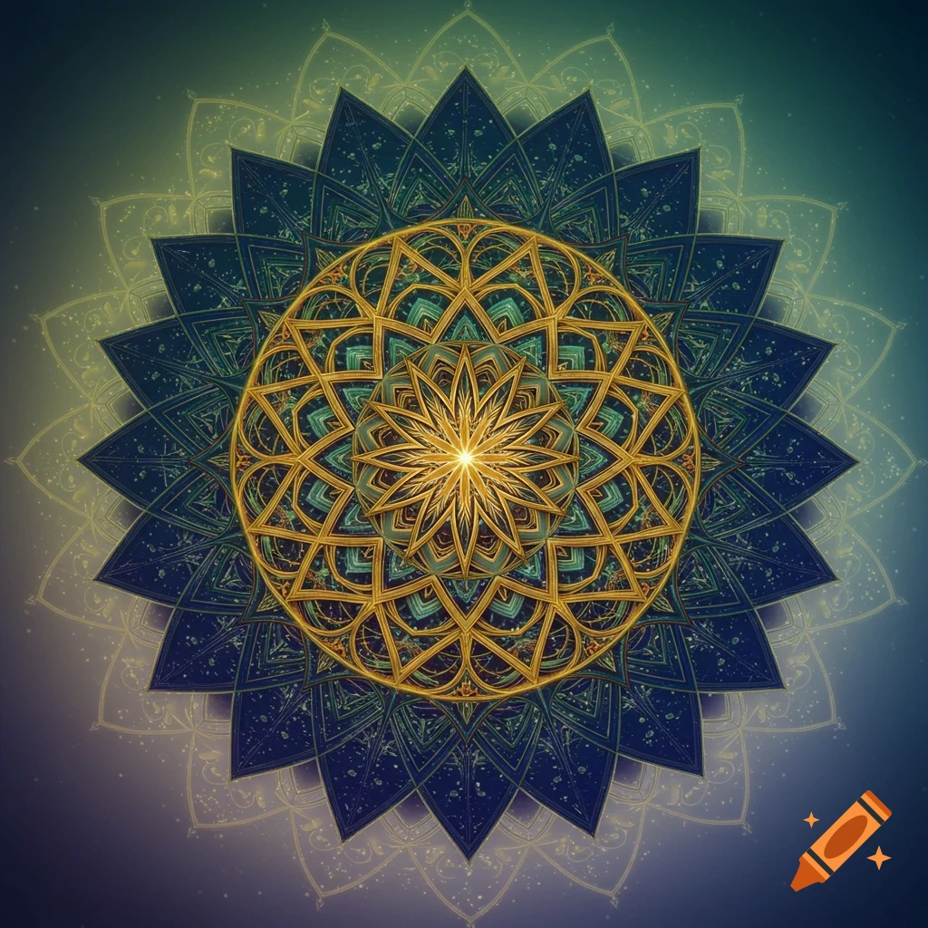 Intricate golden and teal mandala with complex geometric patterns and a glowing center against a gradient background.