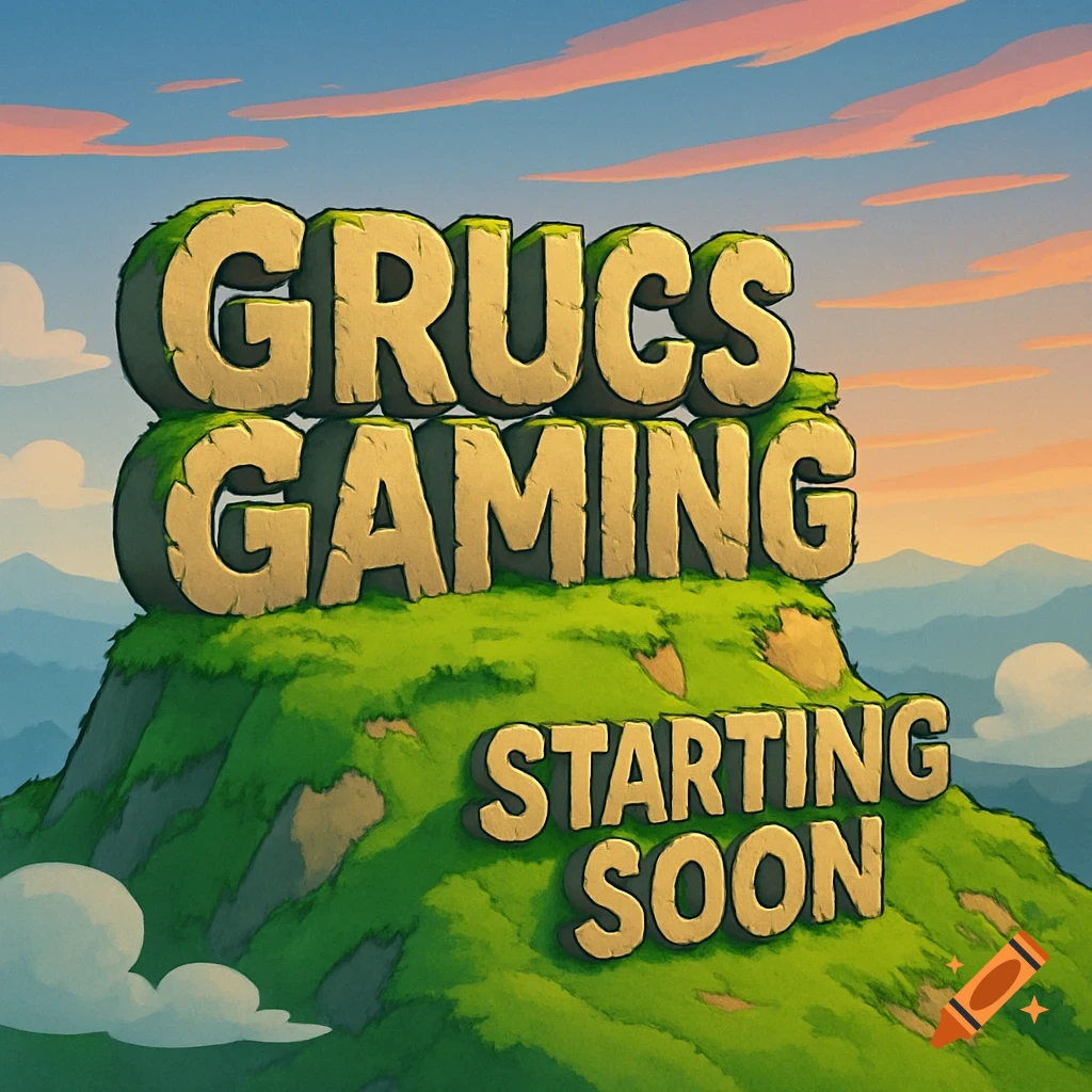 Cartoon illustration of stone letters 'GRUCS GAMING' on a grassy mountain with 'STARTING SOON' below, set against a sunset sky and distant mountains.
