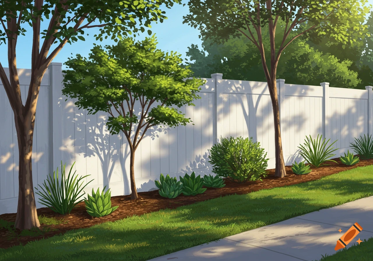 An illustration of a well-kept garden with a white vinyl fence, trees, shrubs, grass, and a sidewalk in sunlight.