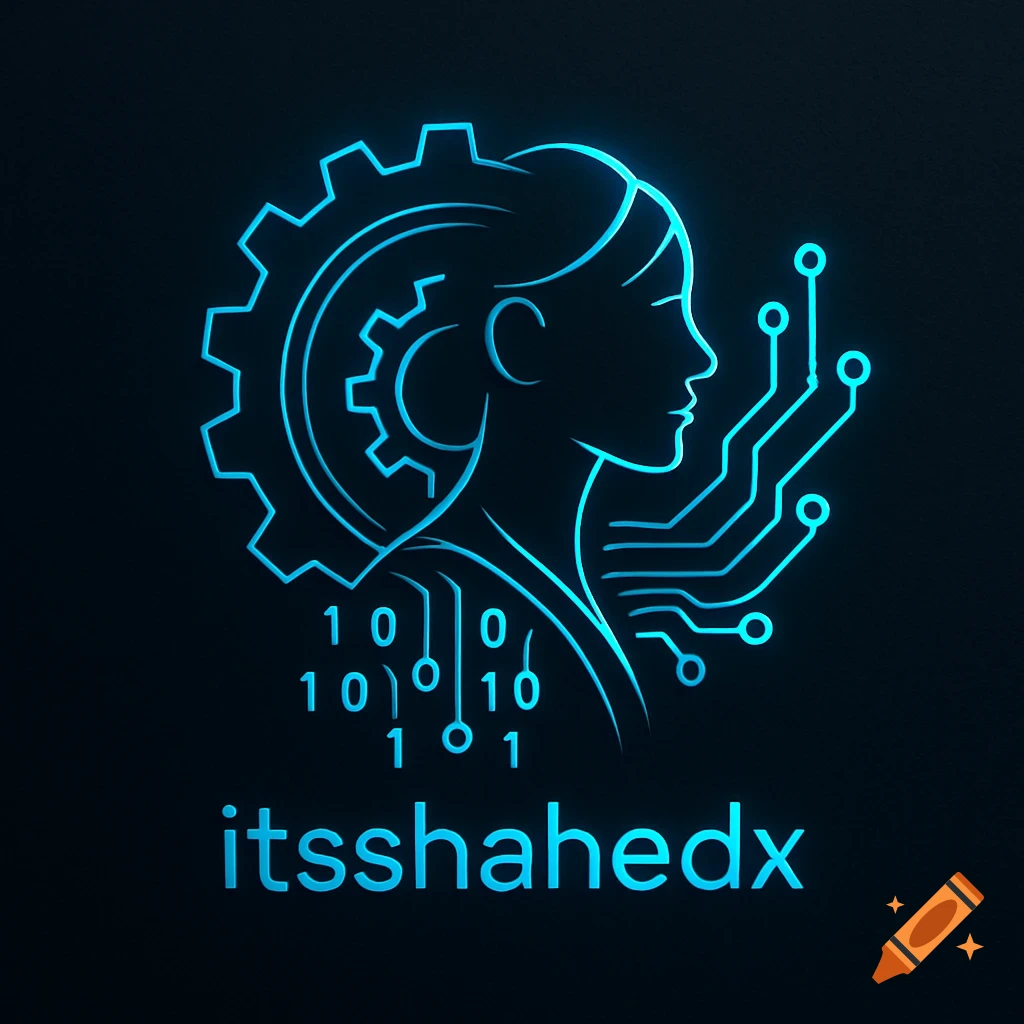 A glowing neon blue logo featuring a female profile integrated with a mechanical gear, circuit board traces, and binary code, with the text 'itsshahedx' below.