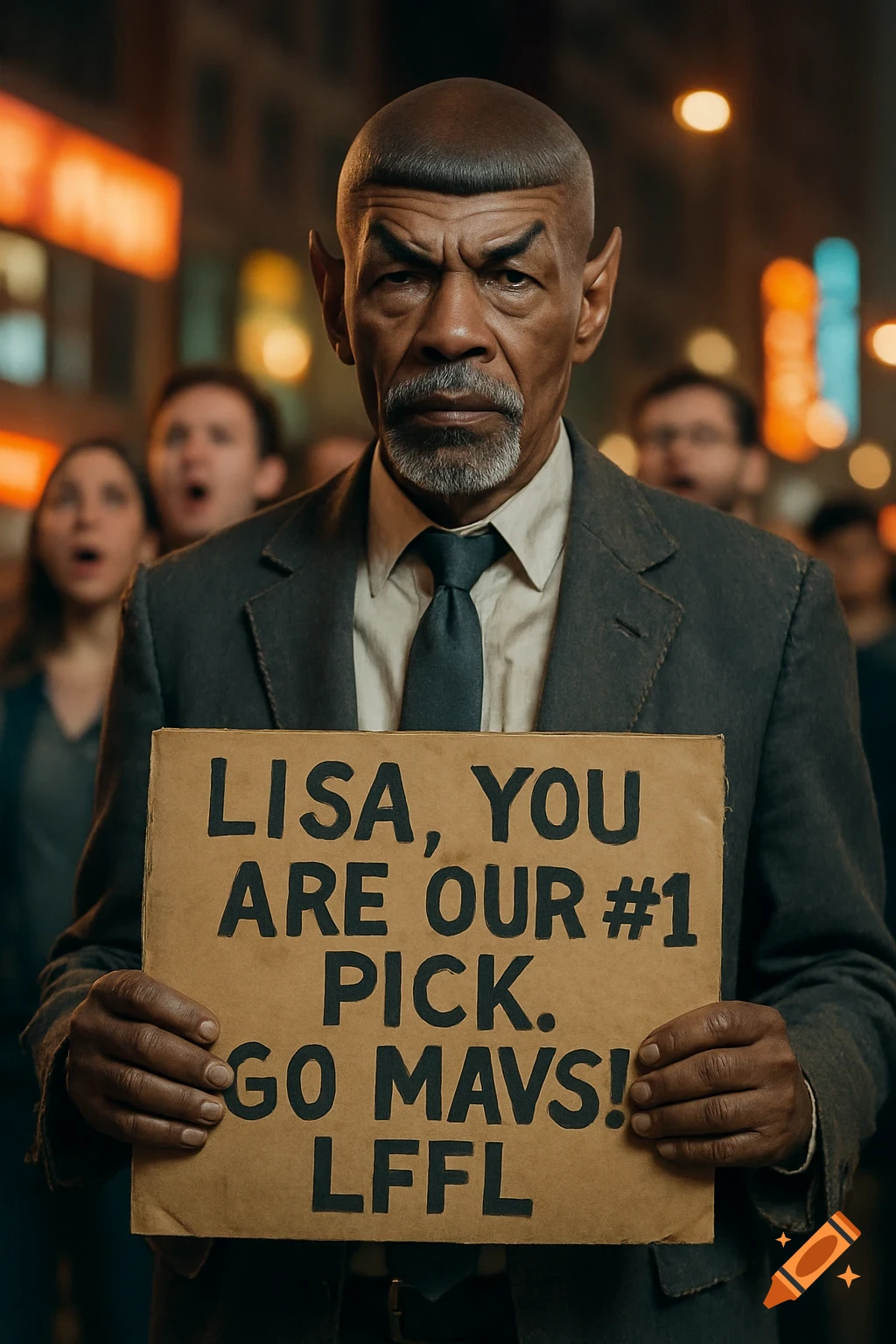 Photorealistic portrait of a man with Spock-like features, goatee, suit, holding a sign: "Lisa, you are our #1 pick. Go MAVS! LFFL."