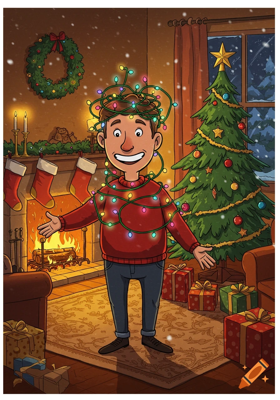 Cartoon man tangled in colorful Christmas lights in a festive living room with a fireplace and Christmas tree.