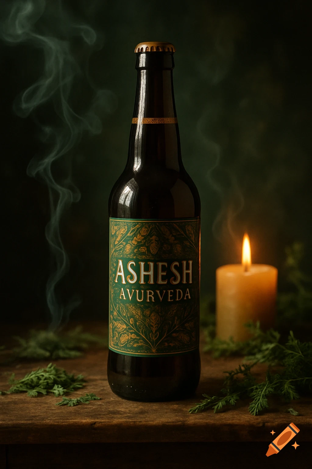 Photorealistic dark beer bottle with 'ASHESH AVURVEDA' label, lit candle, smoke, and green foliage on a wooden table.