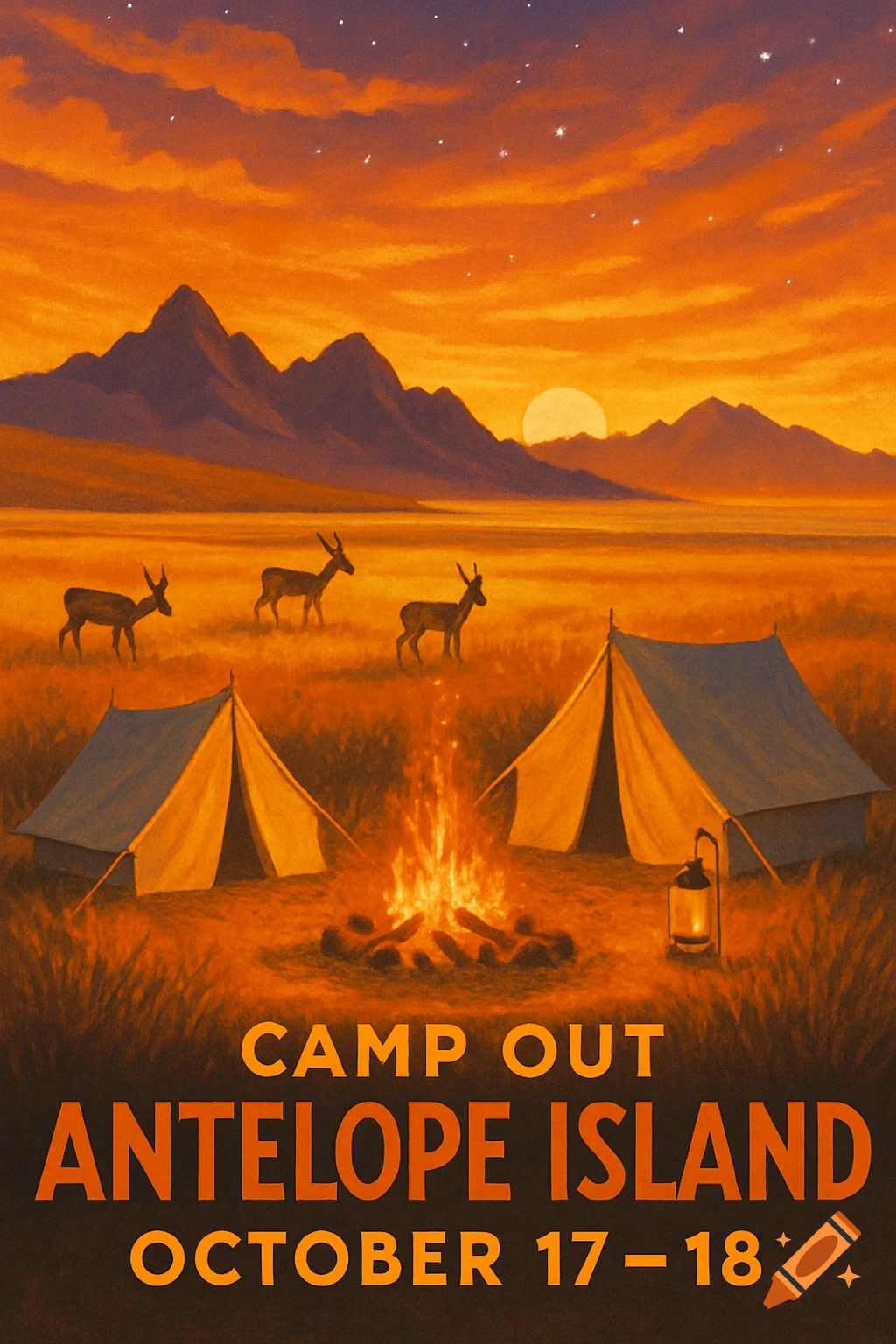 Stylized illustration of a camping scene at sunset with mountains and antelopes. Text reads CAMP OUT ANTELOPE ISLAND OCTOBER 17 - 18.
