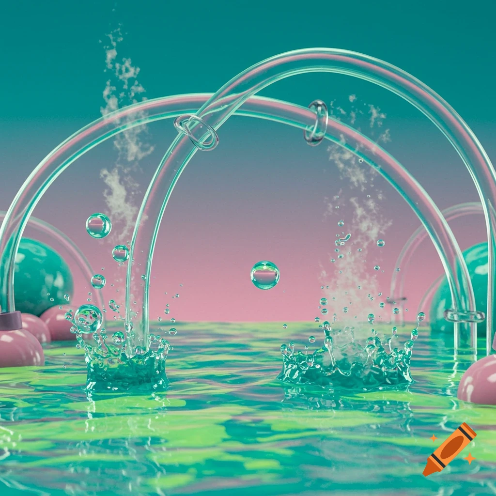 Clear glass tubes over a vibrant green and teal water surface with splashes and bubbles, against a pink and teal gradient background.