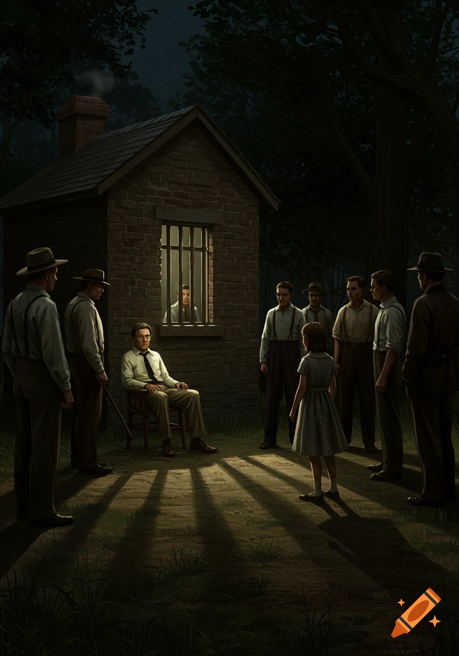 An illustration of Atticus Finch sitting outside a brick jail at night, surrounded by men and a young girl, from 'To Kill a Mockingbird'.