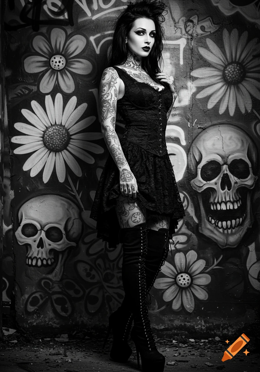 A monochrome gothic woman with tattoos in a black dress and thigh-high boots stands against a graffiti wall with flowers and skulls.