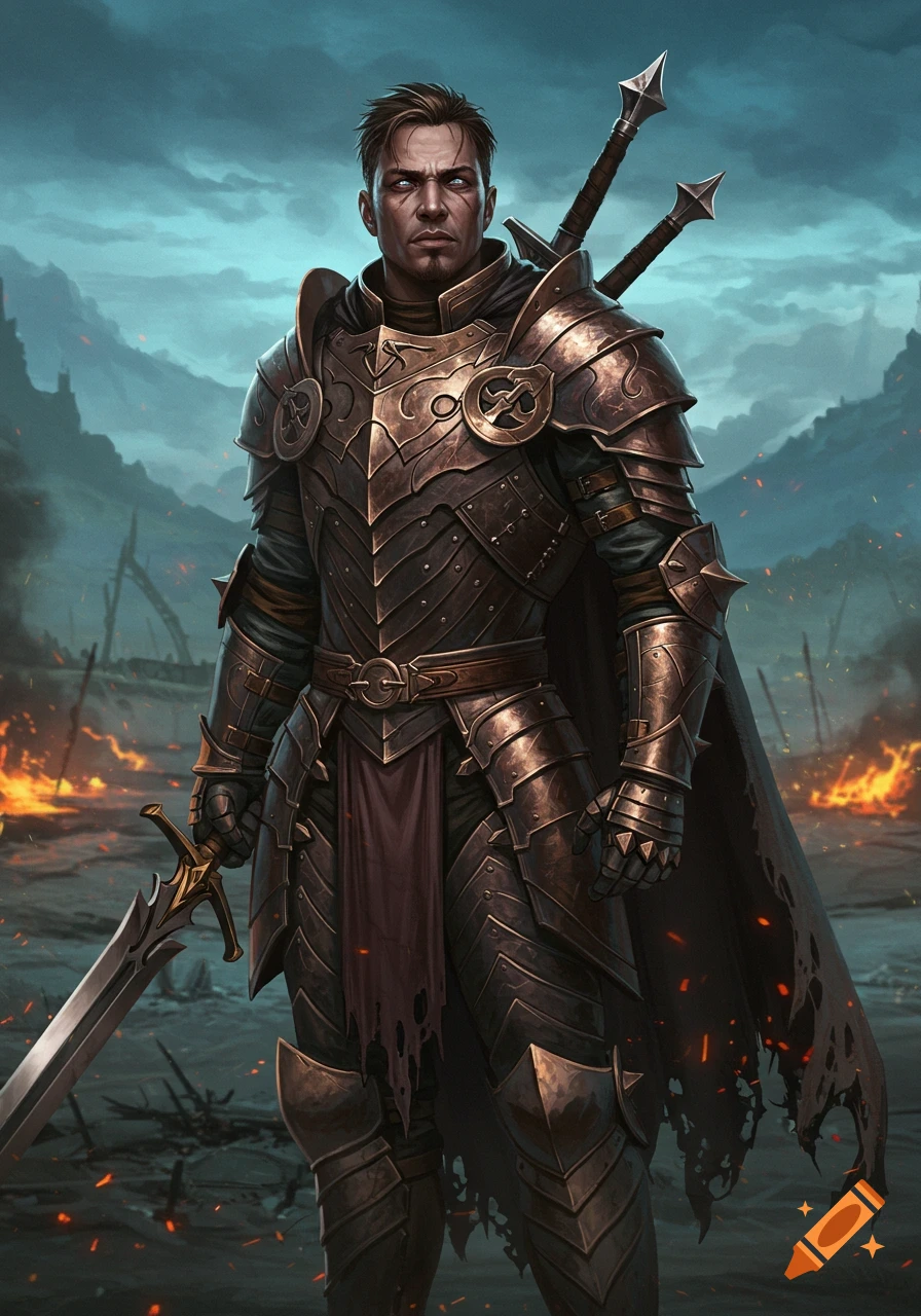 A formidable knight in dark, ornate armor stands with a sword in a desolate, fiery battlefield under a stormy sky.