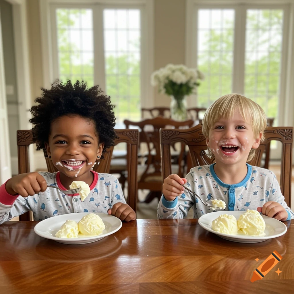 Two happy boys in pajamas with ice cream on their faces sit at a wooden table with plates of vanilla ice cream.