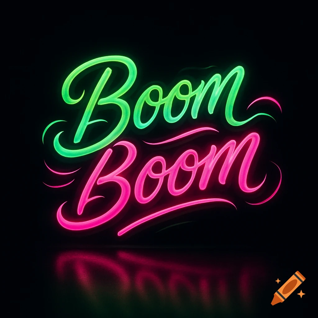 Neon green and hot pink cursive text spelling 'Boom Boom' with a reflection on a dark background.