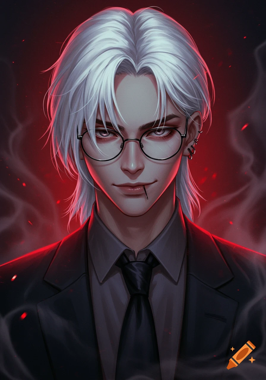 A stylish anime-inspired portrait of a young man with white hair, glasses, a lip piercing, and a confident smirk, wearing a suit against a smoky red background.