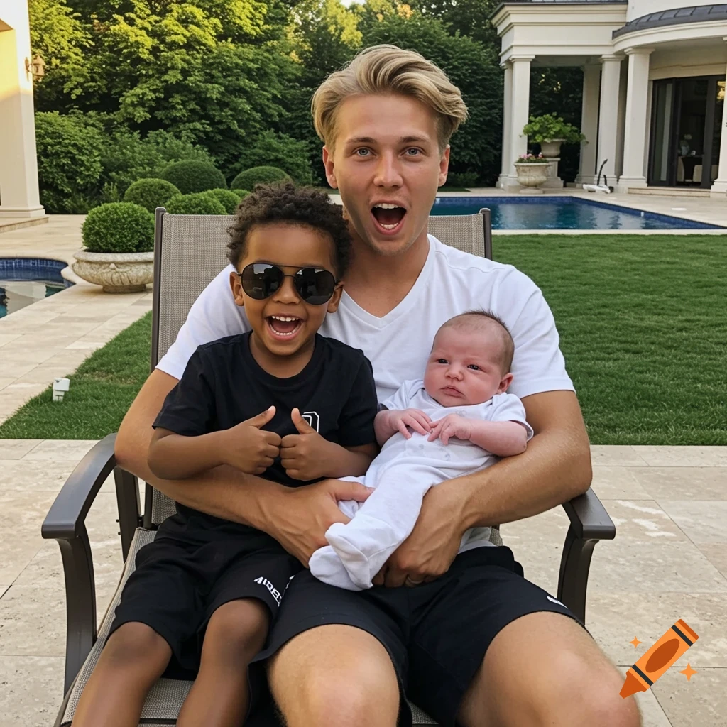 A blond man with an open mouth sits on a chair, holding a baby and a young boy giving thumbs up, by a pool in a backyard.