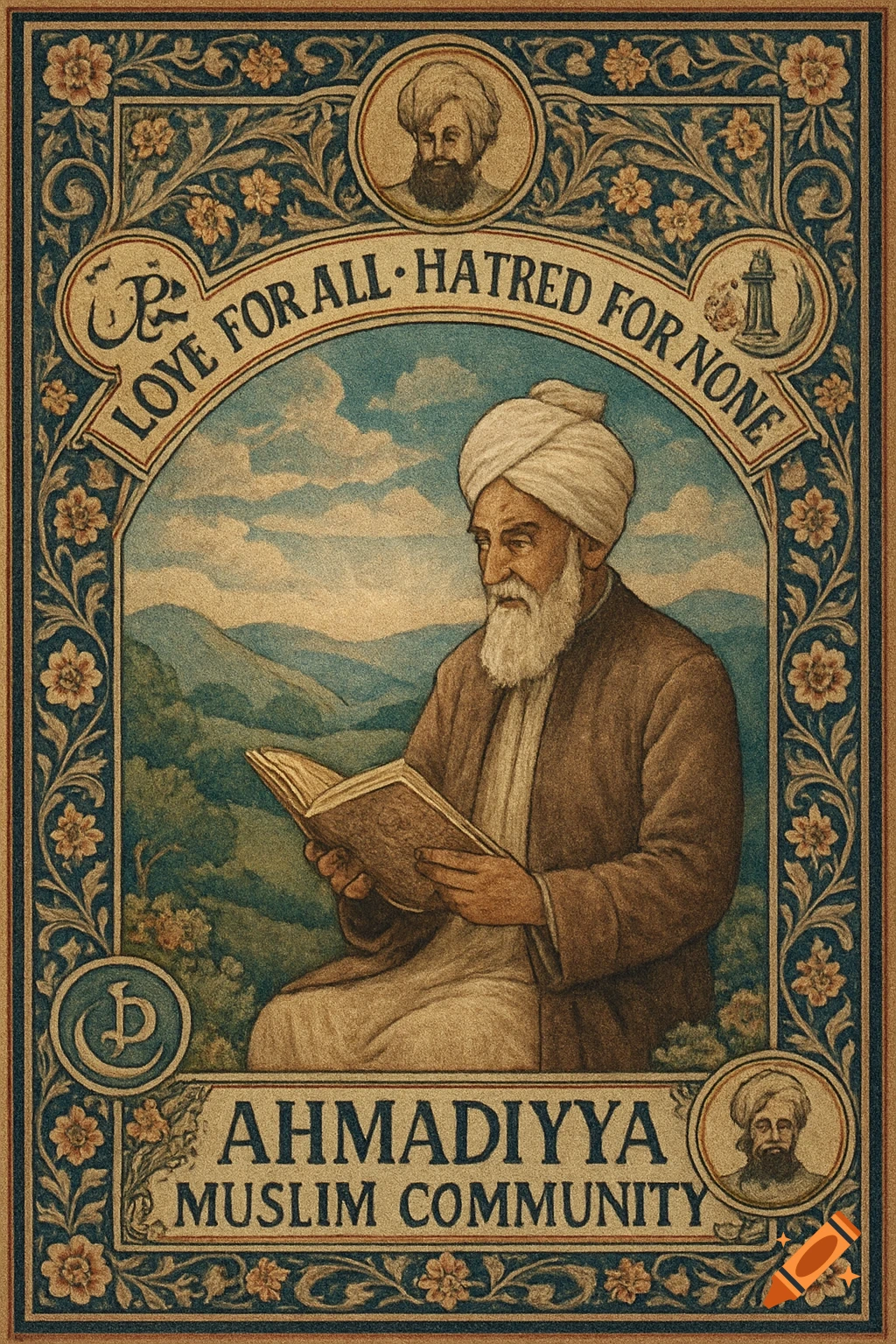 Vintage style illustration of a bearded man in a turban reading a book, framed by decorative borders with text 'Love for All, Hatred for None' and 'Ahmadiyya Muslim Community'.