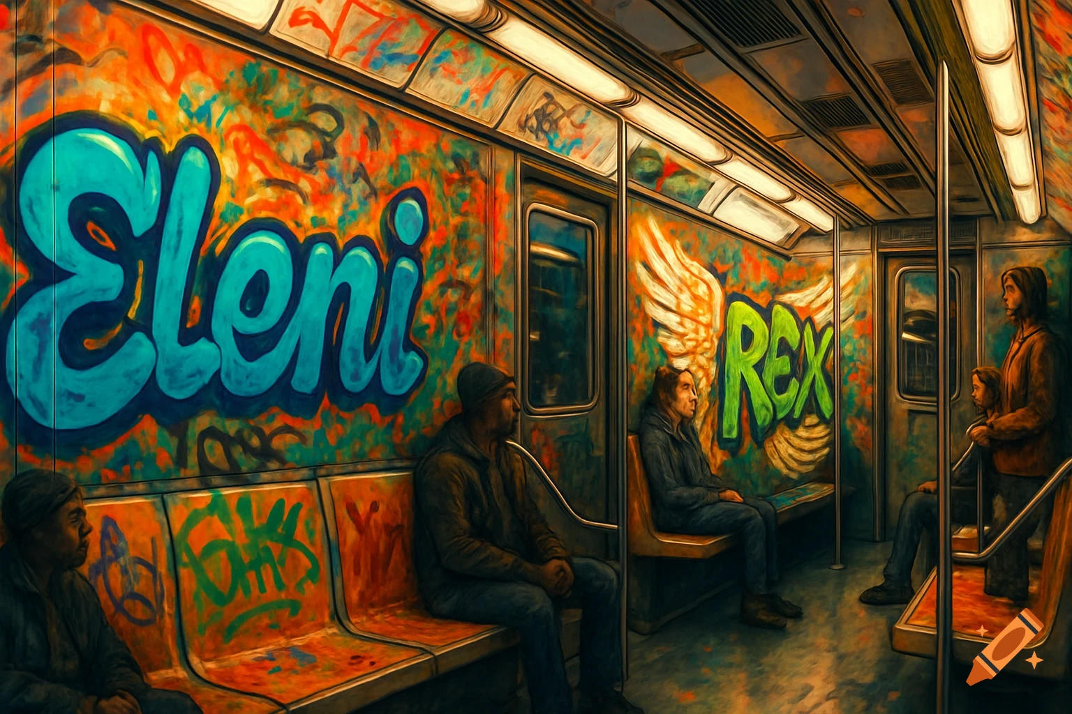 Painterly New York subway interior covered in vibrant graffiti, including 'Eleni' and 'REX' with angel wings. Stylized people sit inside.