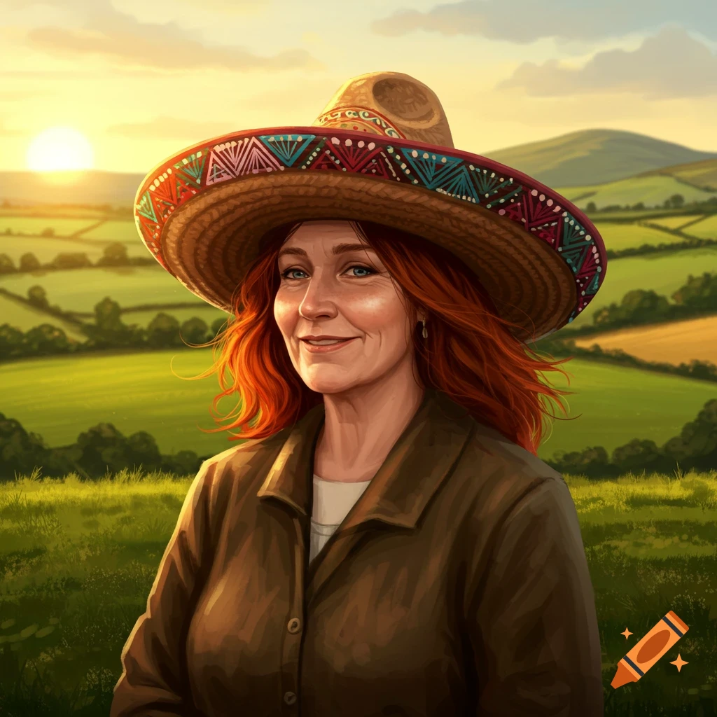 A smiling middle-aged woman with red hair wears a colorful sombrero against a sunset rural landscape with green fields.