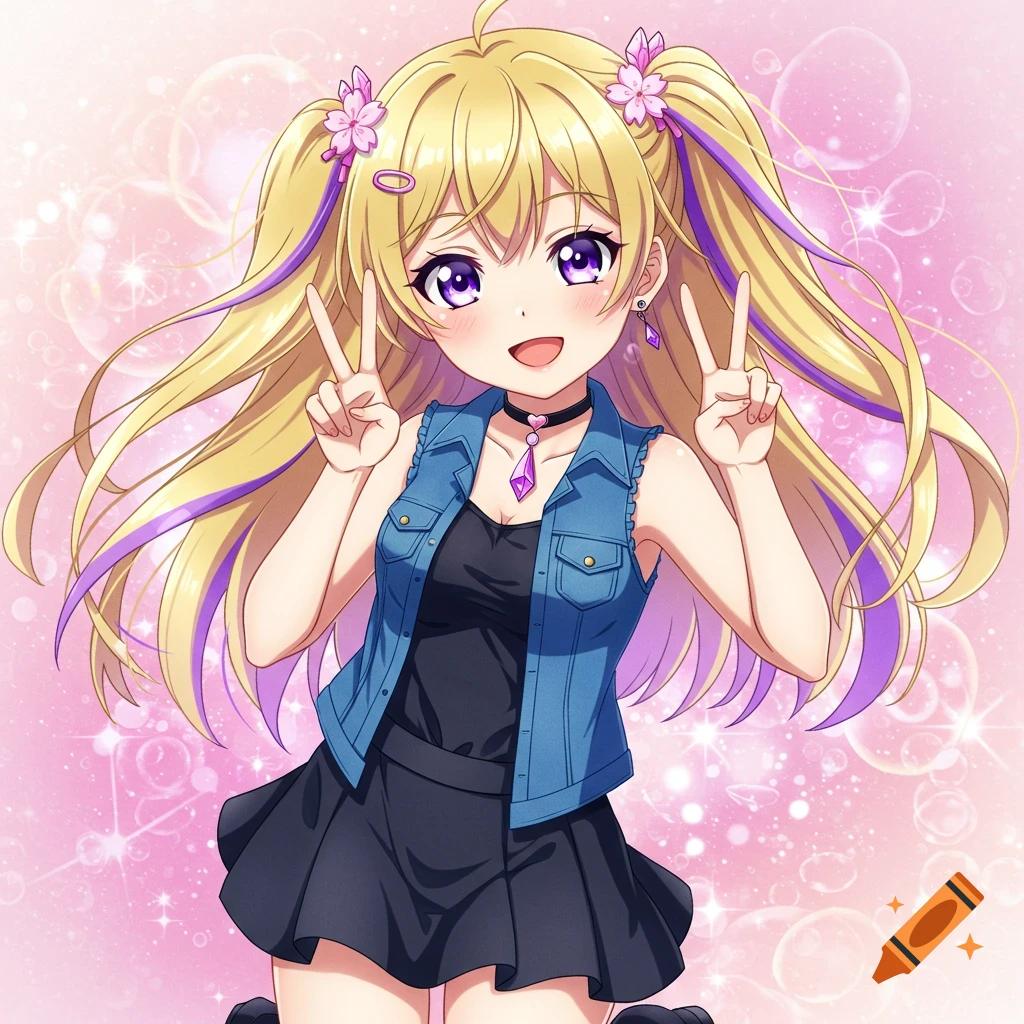 Smiling blonde anime girl with purple streaks, wearing a denim vest and black top, giving a peace sign on a sparkly pink background.